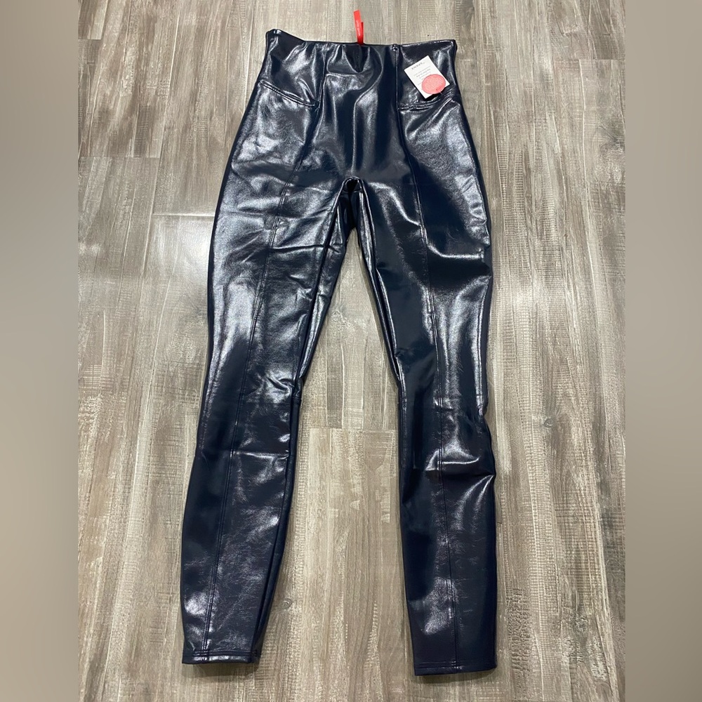 Spanx Faux Patent Leather Leggings - Navy Blue Port Blue - Size Medium